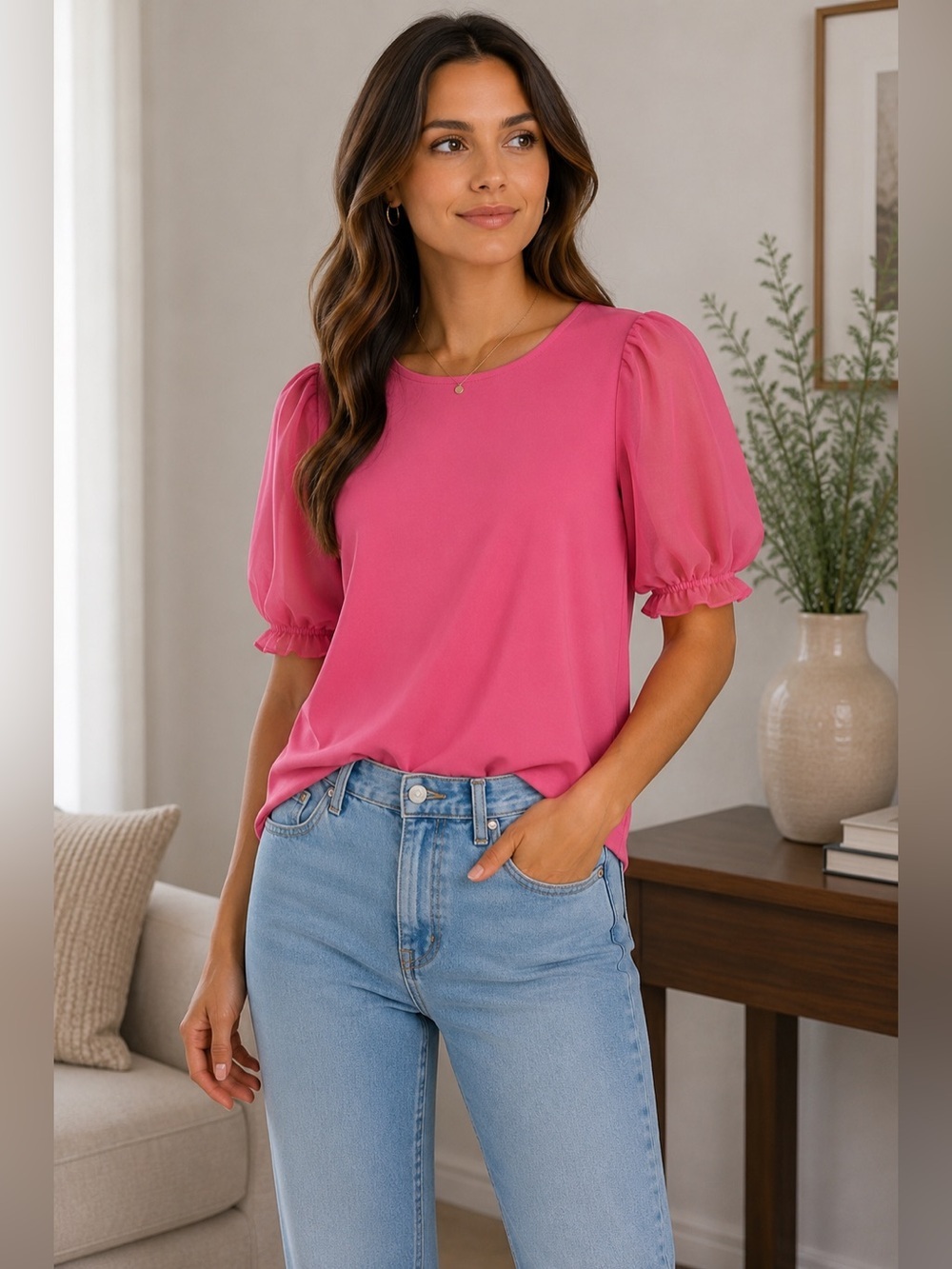 H&M Pink Ruffled Puff Sleeve Blouse Women’s M Streetwear Casual